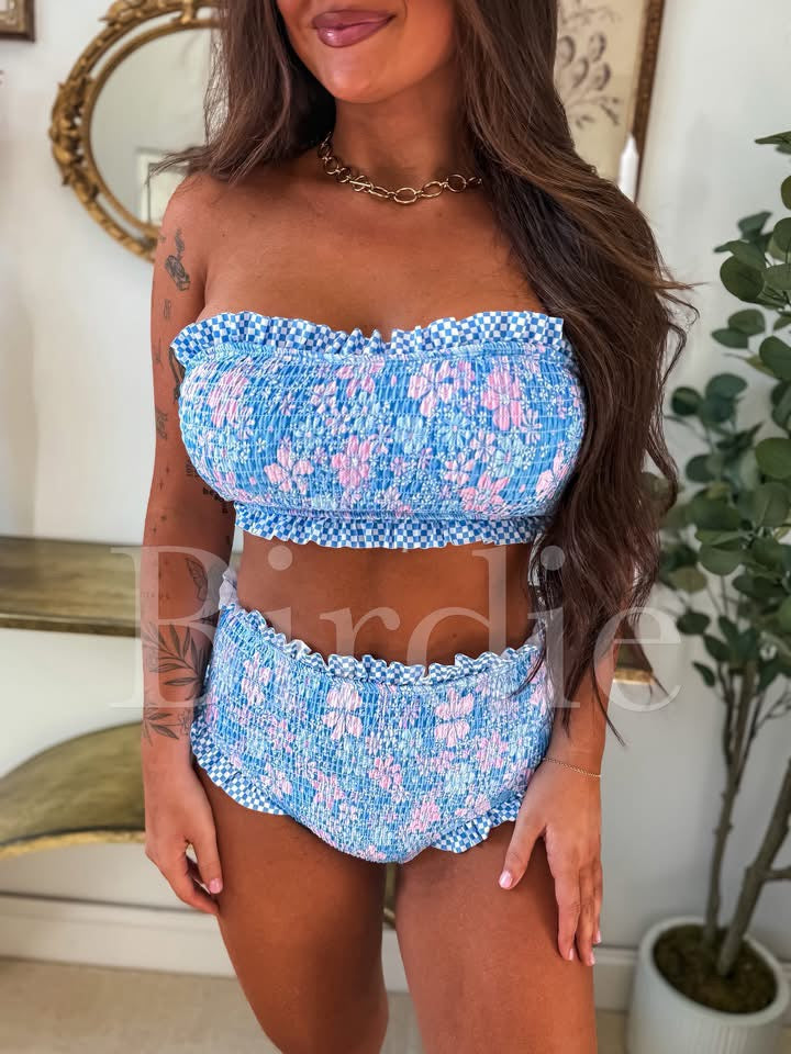 BIRDIE PREORDER Ruffle Bandeau Two Piece Swimsuit in Bluebell Blush (Sold as Set)