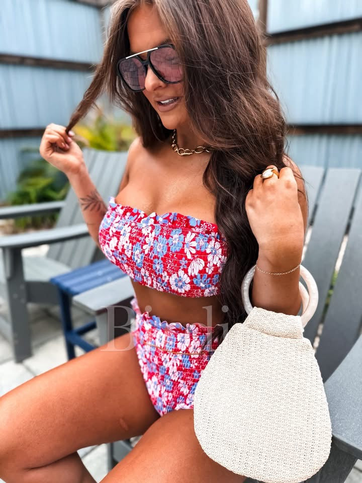 BIRDIE Ruffle Bandeau Two Piece Swimsuit in Star Spangled Blooms (Sold as Set)