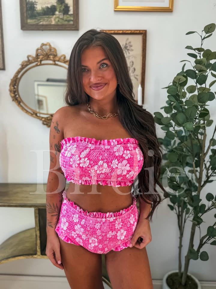 BIRDIE PREORDER Ruffle Bandeau Two Piece Swimsuit in Island Petal Pink (Sold as Set)
