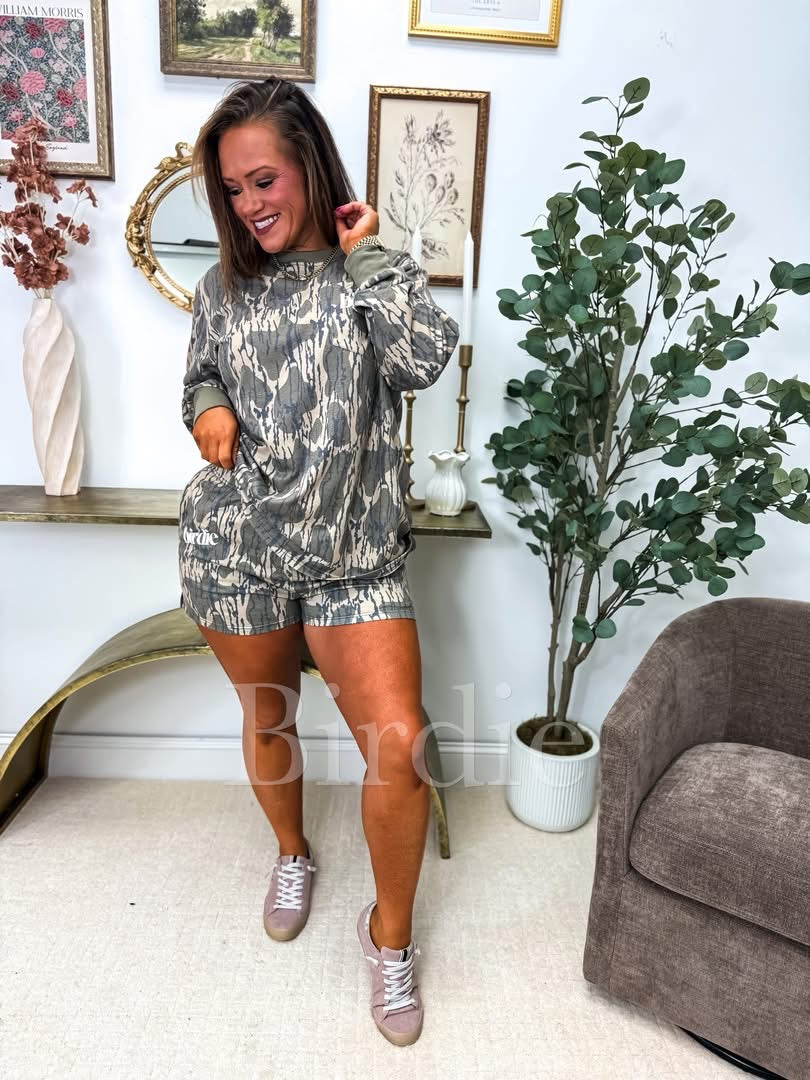 BIRDIE  | Two Piece Long Sleeve Short Set in Bottomland Camo (sold as set)