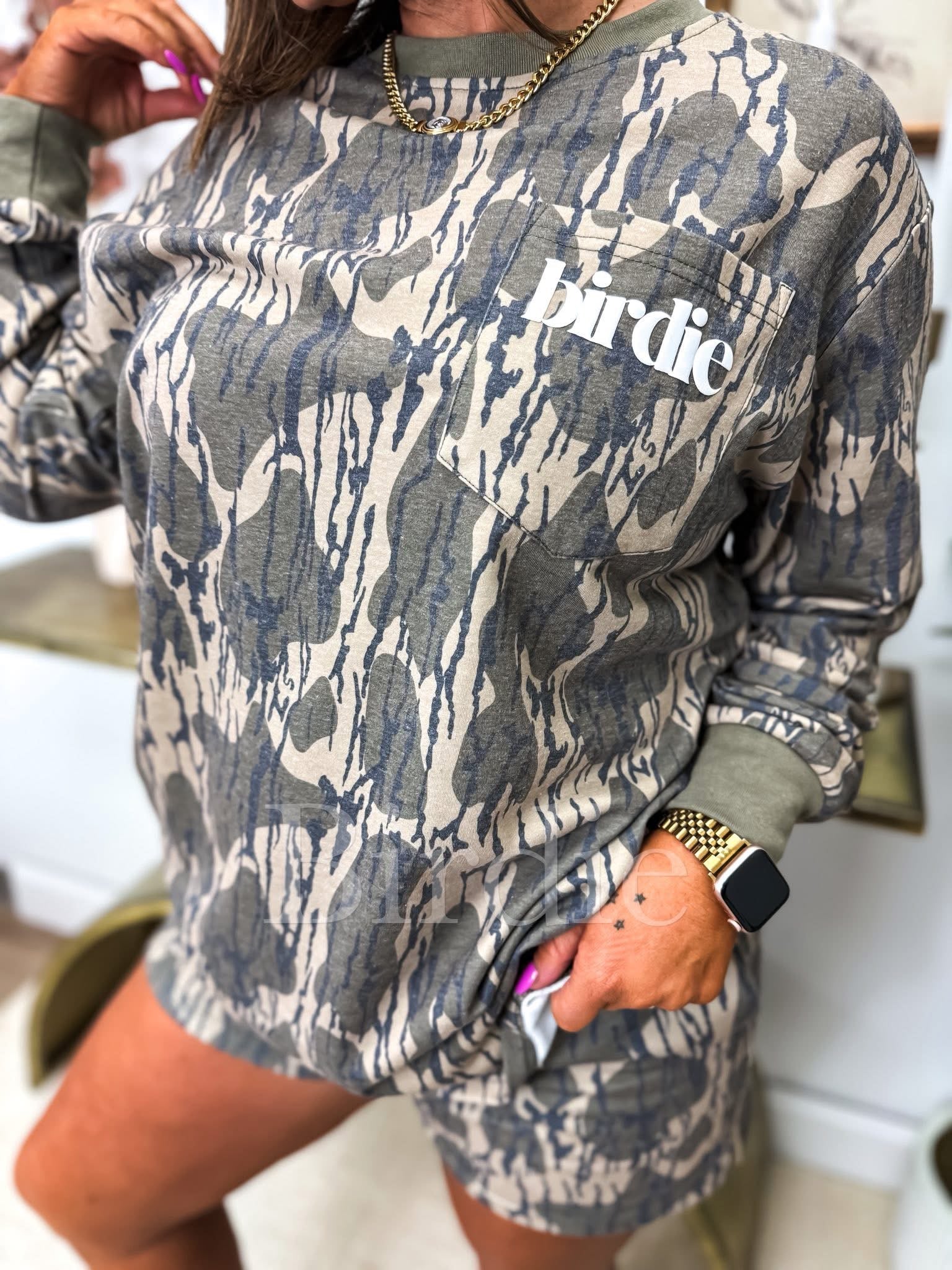 BIRDIE  | Two Piece Long Sleeve Short Set in Bottomland Camo (sold as set)