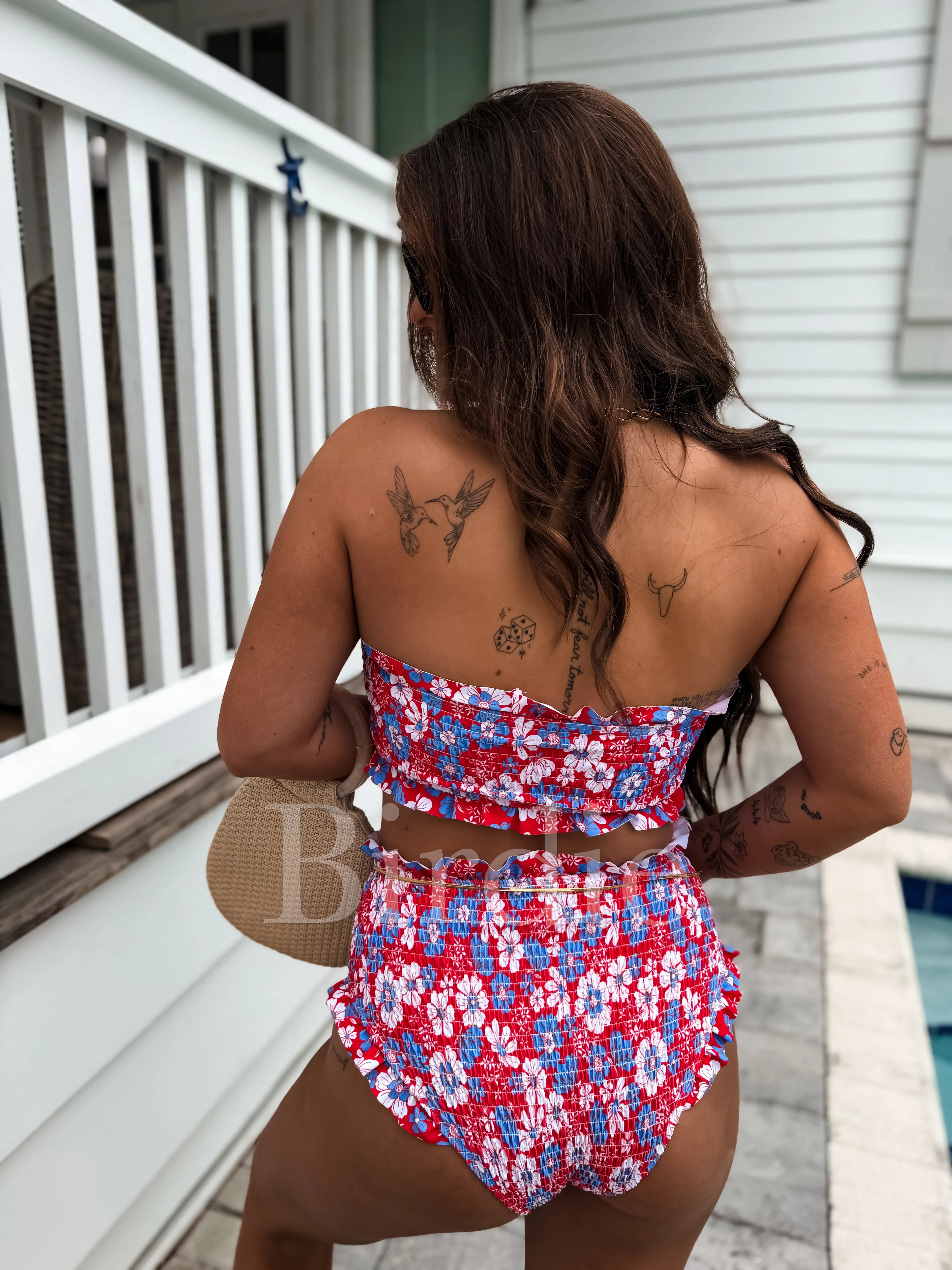 BIRDIE Ruffle Bandeau Two Piece Swimsuit in Star Spangled Blooms (Sold as Set)