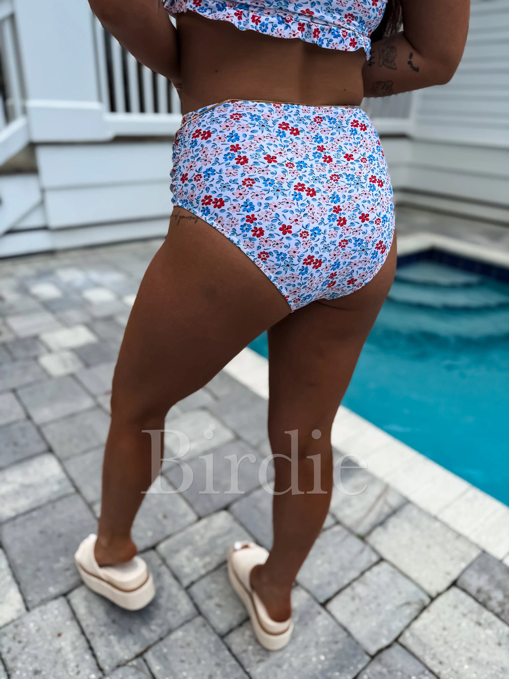 BIRDIE Two Piece Ruffle Strapless Swimsuit in Patriotic Petals (Sold as Set)