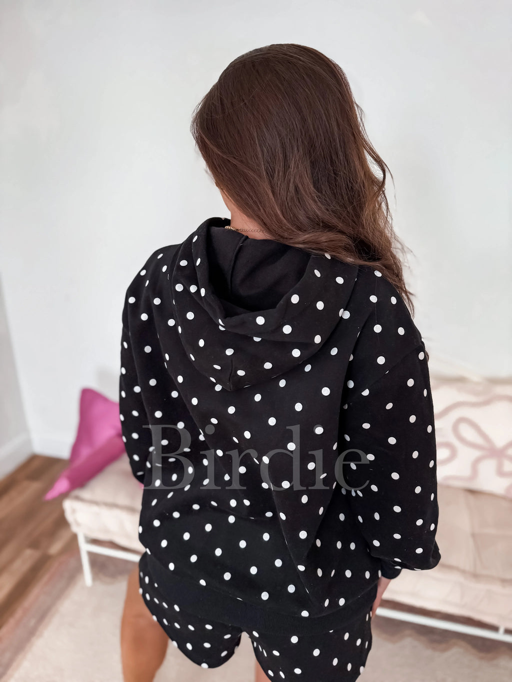 BIRDIE  Hoodie in Black with White Polka Dots